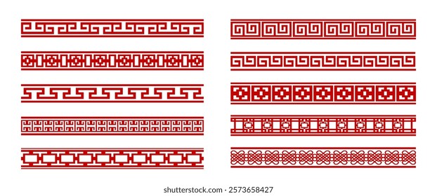 Isolated Asian Borders in Traditional style, Red Chinese New year decorations, Chinese ornaments Clip art on White Background for greeting card and Banner, Editable stock