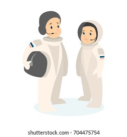 Isolated astronauts couple on white background. Woman and man in spacesuits.