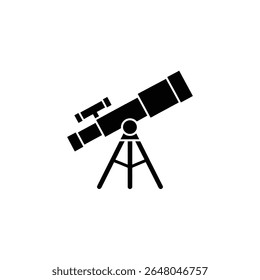 Telescópio de astronomia isolado em um suporte de tripé, apresentado como um ícone preto sólido contra um fundo branco. Ideal para ciência ou astronomia.