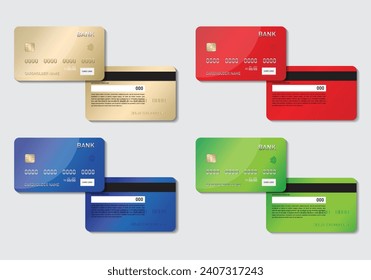 Isolated ATM Cards vector template on grey background. Mock-up set of debit or credit card. Front and Back views. vector illustration.