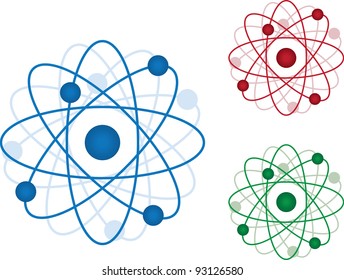 Isolated atom icons in three colors.  Blue, Red and Green.