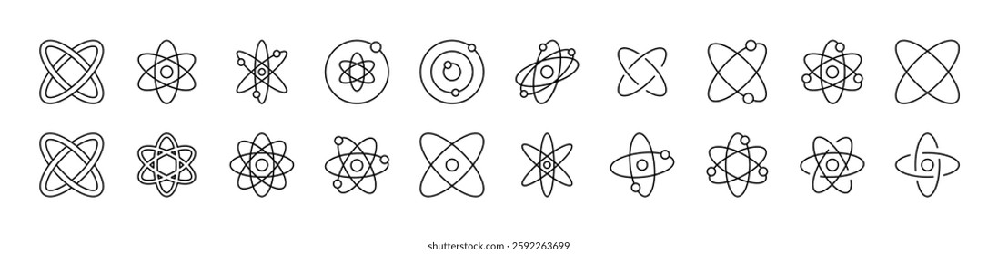 Isolated Atom, Orbit Related Line Icons for Web Sites, Books, Cards, Apps. Editable Stroke. Suitable for Web Sites, Books, Cards, Apps