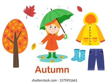 isolated autumn set with girl, tree and clothes - vector illustration, eps    