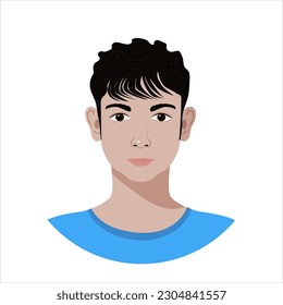 Isolated avatar of arabian teenager in flat style. Vector portrait ofboy with dark curly short hair and dark eyes on white background. Can be used for social media