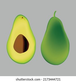 Isolated avocado. vector avocado,  Two whole avocado with a half isolated on white background, avocado vector. 