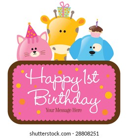 Isolated baby animals with first birthday sign