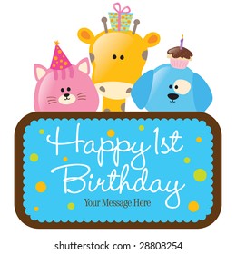 Isolated baby animals with first birthday sign (blue)