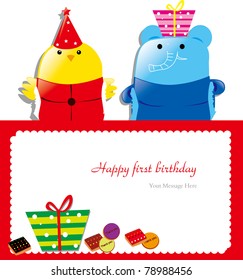 Isolated baby animals with first birthday sign