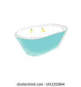 Isolated Baby bath with bubbles vector in cartoon style. Little funny ducks. Simple object for baby shower card, birthday card background. Vector Illustration