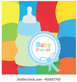 Isolated baby bottle and a sticker with text on a colored background