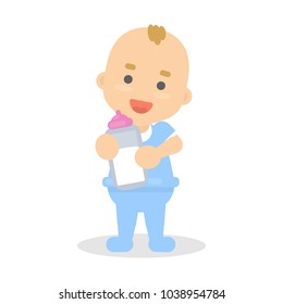 Isolated baby boy with milk bottle on white.