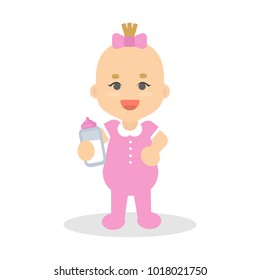 Isolated baby girl in pink standing with milk bottle.