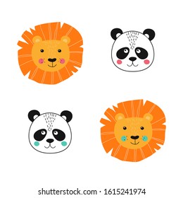 Isolated baby lion and panda face like girl and boy. Cute character for baby shower holiday. Vector Illustration