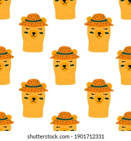 Isolated baby seamless bright pattern with yellow bear in hat ornament. White background. Kid backdrop. Flat vector print for textile, fabric, giftwrap, wallpapers. Endless illustration.