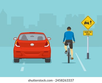 Vista trasera aislada de ciclista y coche en la carretera de la ciudad. "Compartir la carretera", zona de señales de tráfico amarillas. Plantilla de Ilustración vectorial plana.