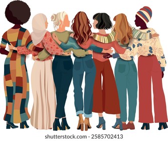 Isolated Back view of a group of multicultural women embracing each other. Diversity - inclusion - equality - girl power or empowerment concept. International Women s Day