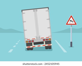 Isolated back view of a truck on windy road. Crosswinds ahead sign area. Flat vector illustration template.