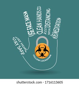 Antecedentes aislados de consejos para la seguridad en el bloqueo y brote global de epidemia de virus de corona con ayuda de palma humana, ilustración muestra palma humana y bloqueo de toallas 