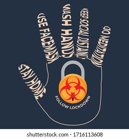Isolated background of advisory for safety in lock down and global outbreak of corona virus epidemic outbreak with the help of human palm, illustration is showing human palm and pad lock 