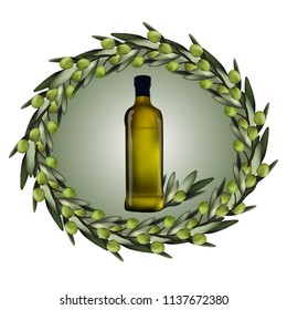 Isolated background: bottle of olive oil within olives branch