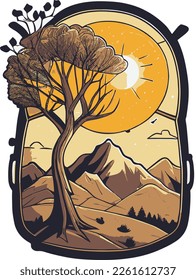 Isolated backpack near mountain landscape. Vector..