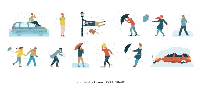 Isolated bad weather people flat icon set with strong wind snow and rain outside vector illustration