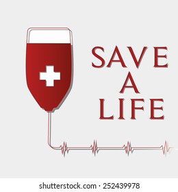 an isolated bag of blood with a cardiogram and text on a grey background