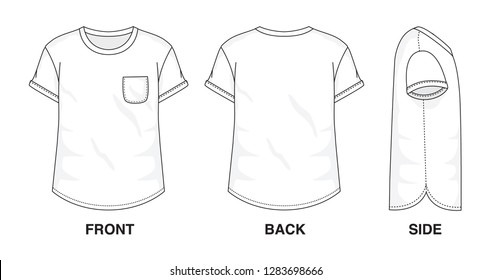 Isolated Baggy Loose t-shirt with Pocket object of clothes and fashion stylish wear fill in blank shirt. Regular Tee Crew Neck Sleeves Illustration Vector Template. Front, back and side view