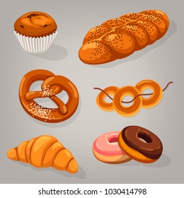 Isolated bakery bread food. Kifli or kringle, french croissant and dough or donut, doughnut and pretzel, raisin cake and bagels on rope. Cereal and wheat, grain pastry and nutrition theme