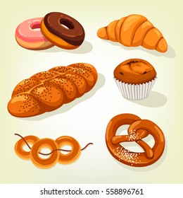 Isolated bakery bread food. Kifli or kringle, french croissant and dough or donut, doughnut and pretzel, raisin cake and bagels on rope. Cereal and wheat, grain pastry and nutrition theme