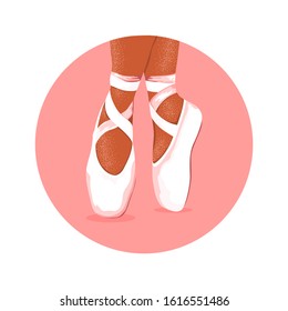 Isolated ballerina pointe shoes in pink circle. Icon for ballet class. Studio logo design. Vector Illustration