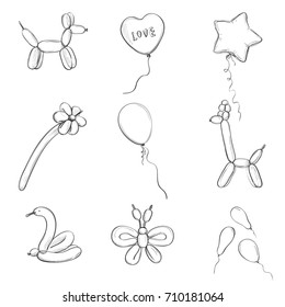 Isolated balloons of different shapes on a white background. 