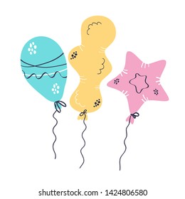 Isolated balloons doodle hand drawn style. Holiday party accessories, items for the holiday. Balls set for holidays, for greeting cards, invitations, children's parties