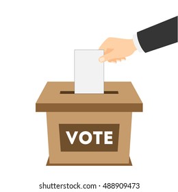 Isolated ballot box with vote paper on white background. Concept of voting, ellection and balloting. Election campaign.
