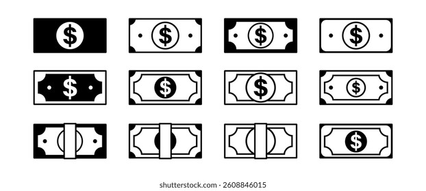 Isolated Bank note vector symbol design, Black Money icon set, Payment, Business and Saving illustration vector, Finance Clip art for decoration on Transparent background, Web, App buttons (Editable)