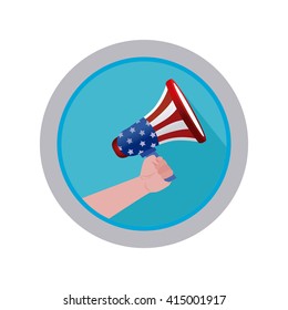 Isolated banner with a hand holding a megaphone on a white background