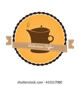 Isolated banner with a ribbon with text and a coffee pot on a white background