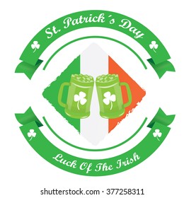 Isolated banner with ribbons with text and a pair of beers for patrick's day
