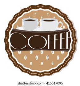 Isolated banner with text, coffee beans and a pair of coffee mugs