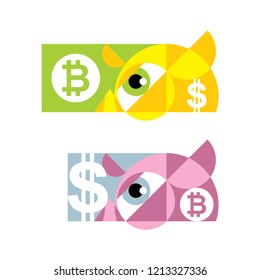 Isolated banners with images of piggy banks and with icons of dollar and bitcoin