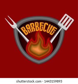 Isolated barbecue label with a flame icon, a spatula and a fork - Vector
