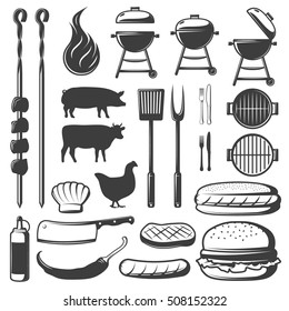 Isolated barbecue objects set with animal silhouettes skewer pans and grills burger pepper and sauce symbols vector illustration