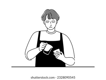 Isolated of a baristas man with coffee shop apron making latte art, outline vector illustration.