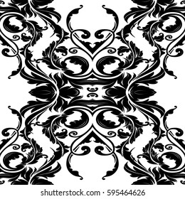 Isolated Baroque floral seamless pattern. Elegant white  background wallpaper illustration with black  damask ornaments in  Victorian style. Luxury vector texture for fabric, curtains, textile.
