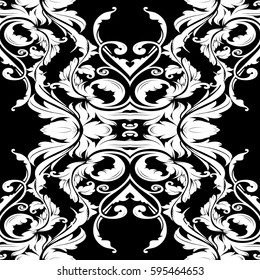 Isolated Baroque floral seamless pattern. Elegant black  background wallpaper illustration with white  damask ornaments in  Victorian style. Luxury vector texture for fabric, curtains, textile.