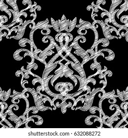 Isolated Baroque  seamless pattern with embroidery effect. Floral grunge black  vector  background wallpaper with white  vintage arras tapestry flowers, leaves and baroque ornaments in Victorian style