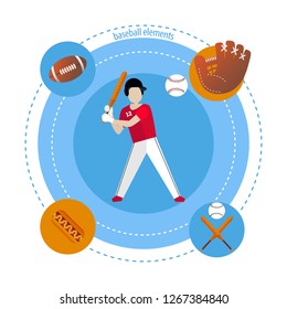 Isolated baseball player. The player beats the ball. Baseball elements. Flat design.
