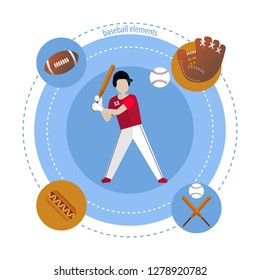 Isolated baseball player. The player beats the ball. Baseball elements. Flat design.
