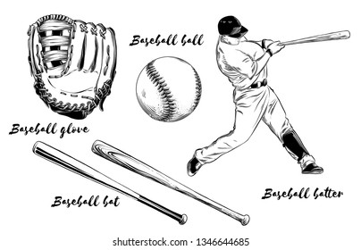 Isolated baseball set on white background. Hand-drawn elements such as baseball player, glove, bat and ball. Vector illustration