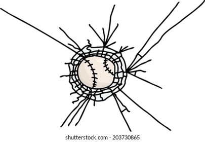 Isolated baseball stuck in shattered glass cartoon